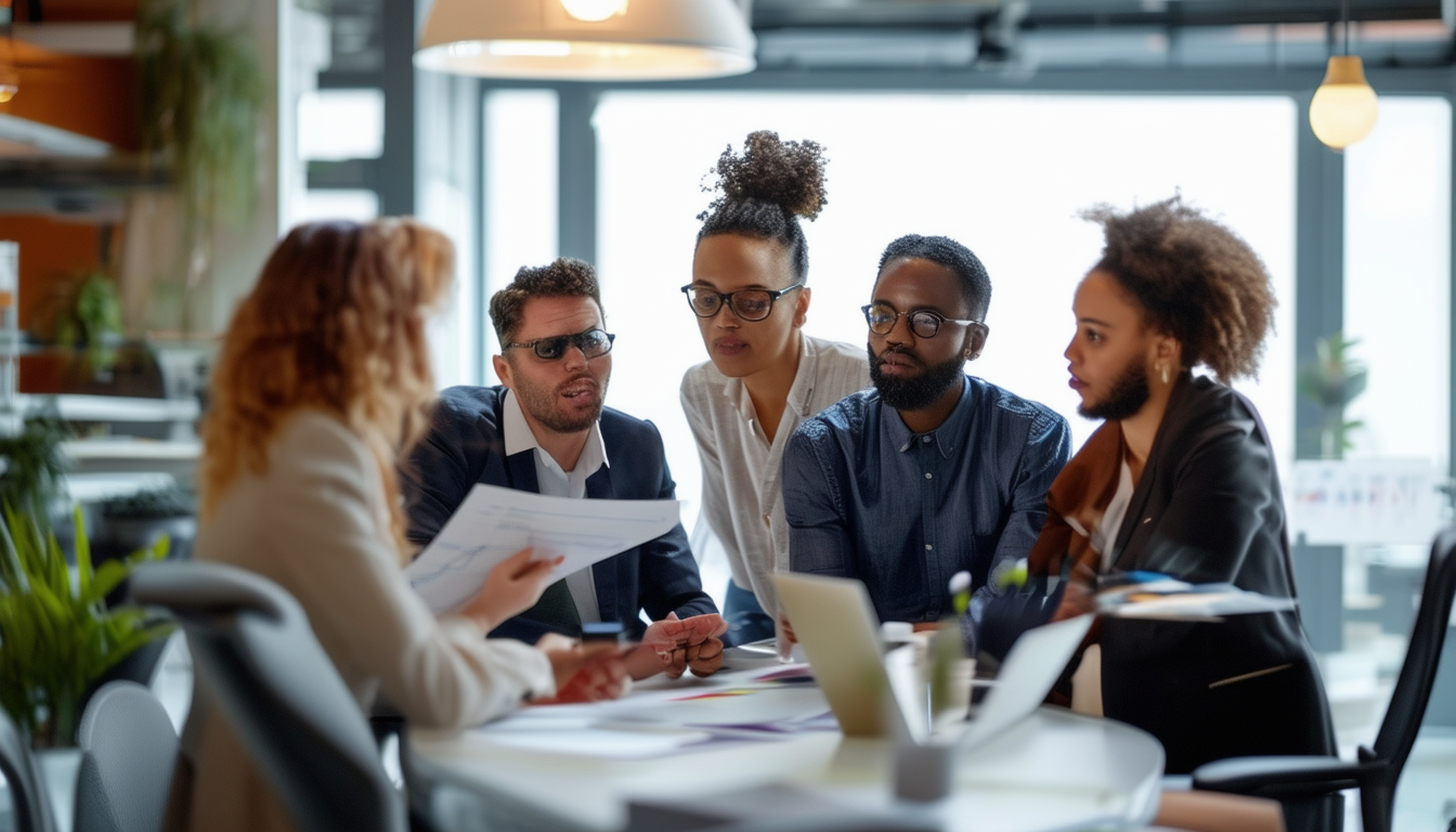 A diverse group of professionals collaborating in 