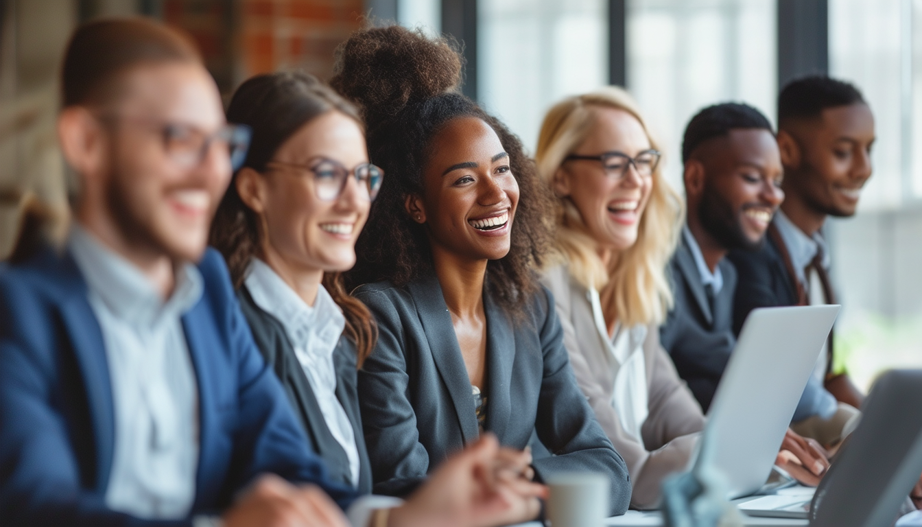 A diverse group of professionals happily engaged i