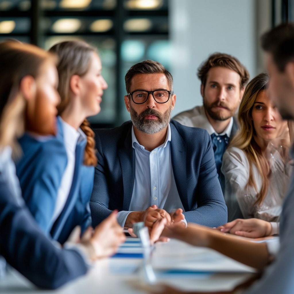 A diverse group of professionals in a meeting, eac