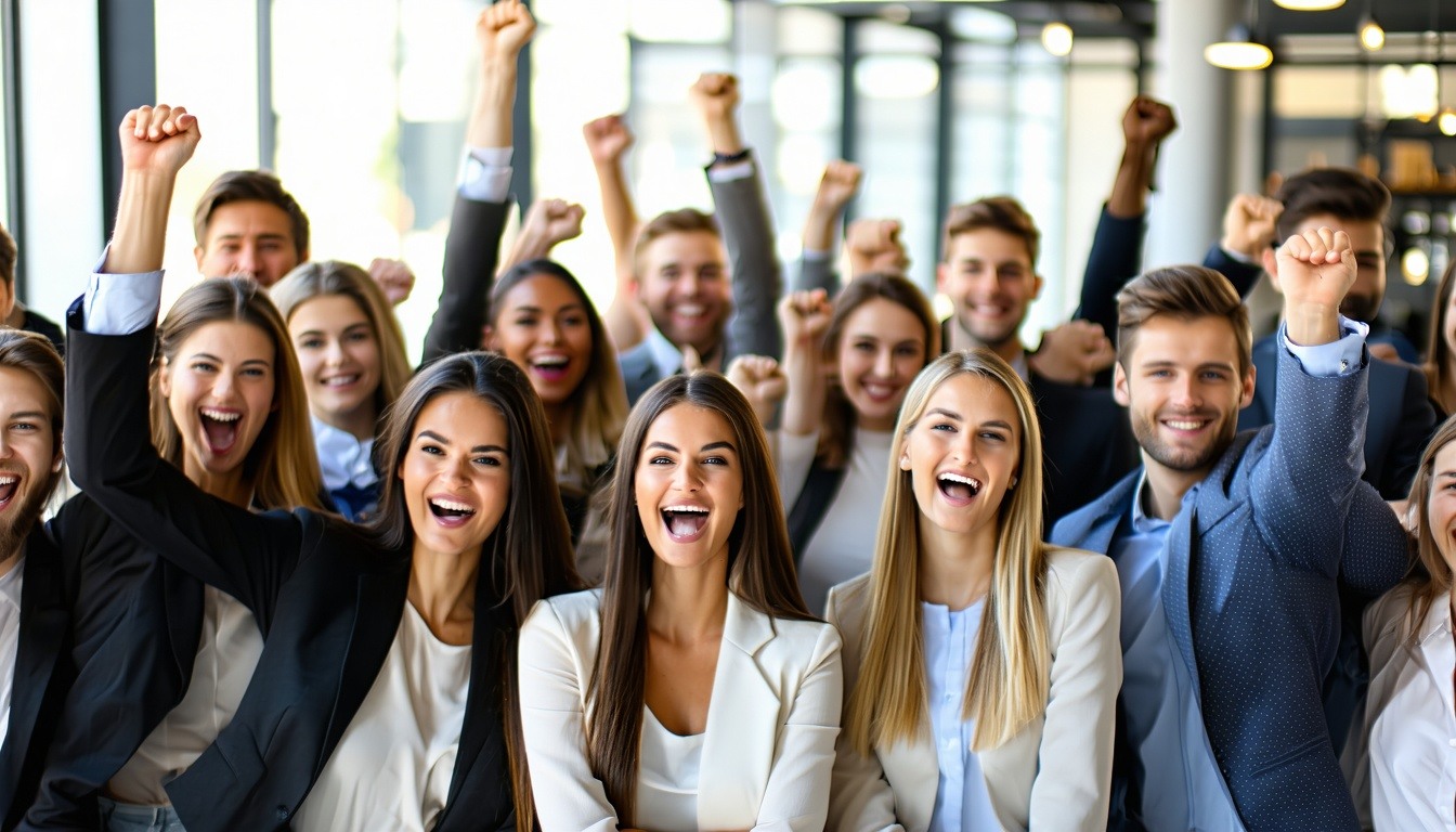 A diverse group of successful professionals celebr