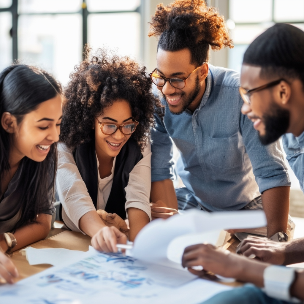 A diverse team enthusiastically collaborating on a