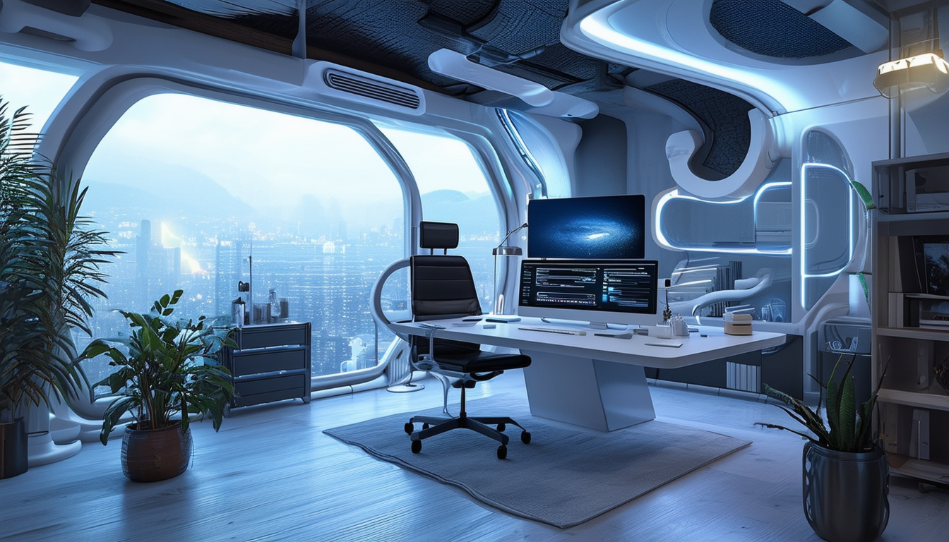 A futuristic home office setup with advanced techn