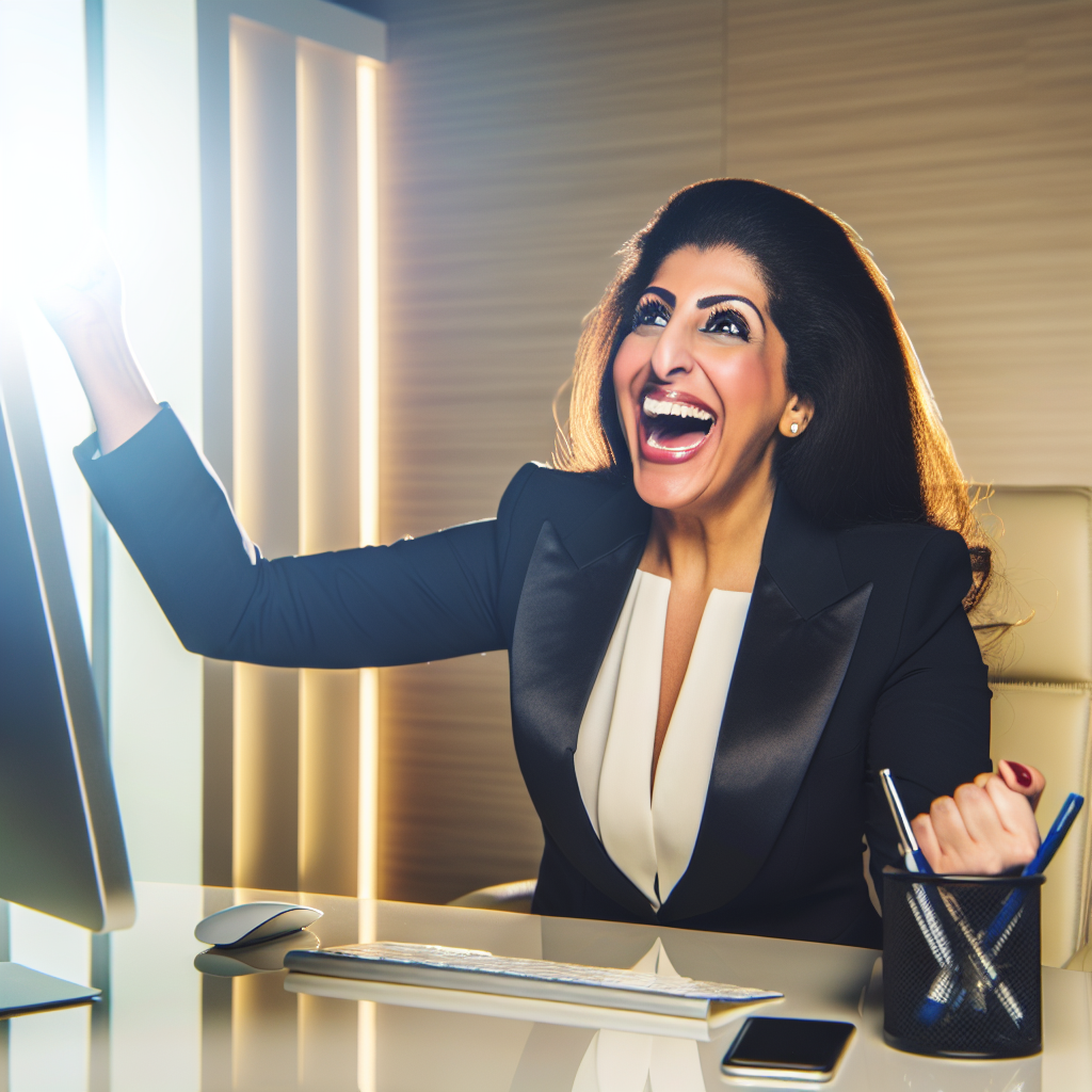 A joyful employee smiling at their desk, radiating