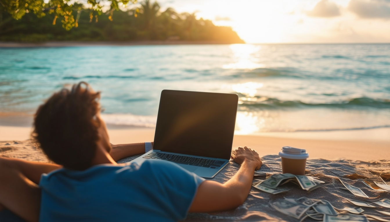 A person relaxing on a beach with a laptop, symbol