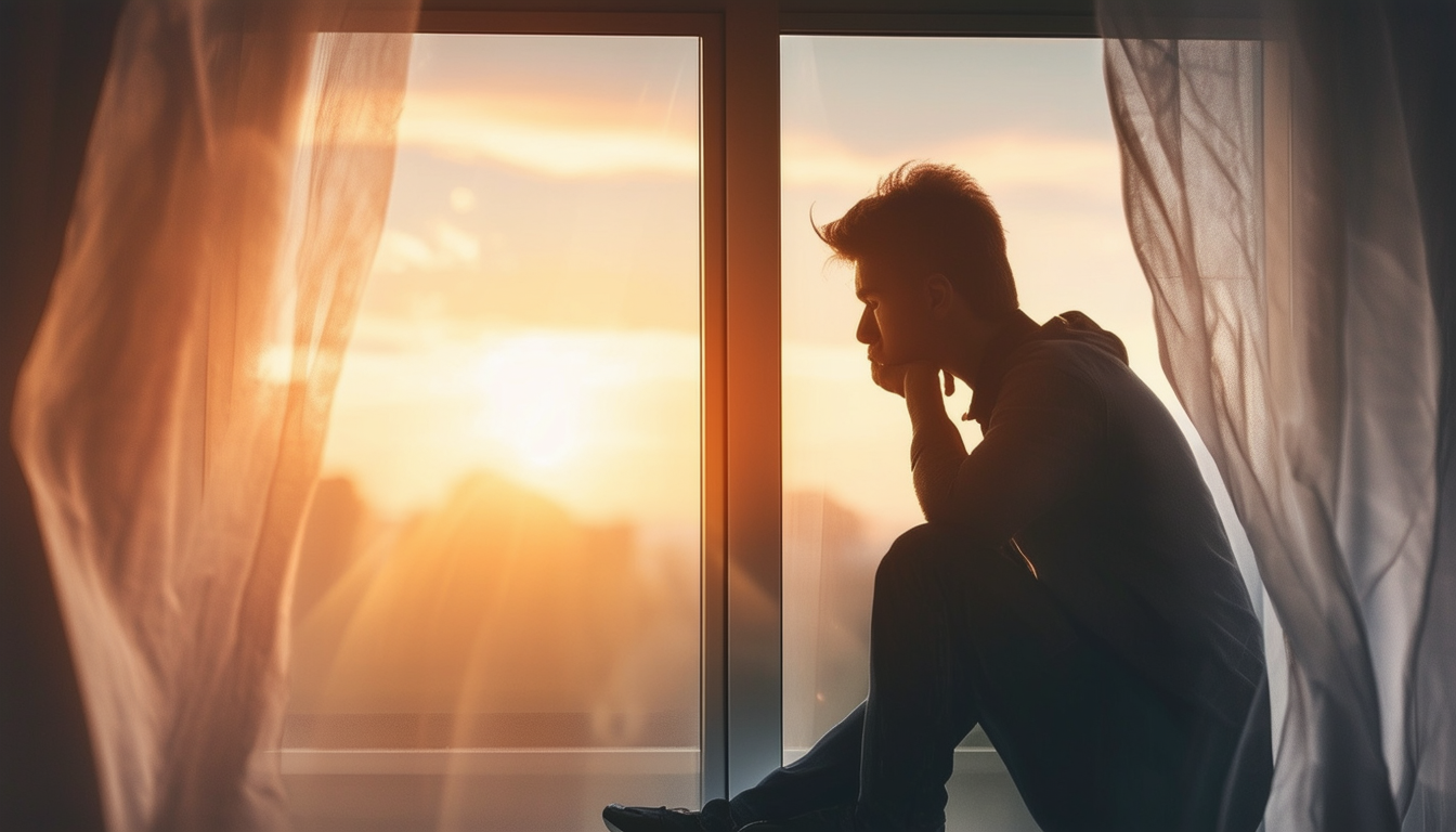 A person sitting by the window, deep in thought wi