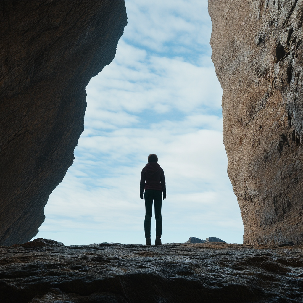 A person standing at the edge of a wide, deep gap,