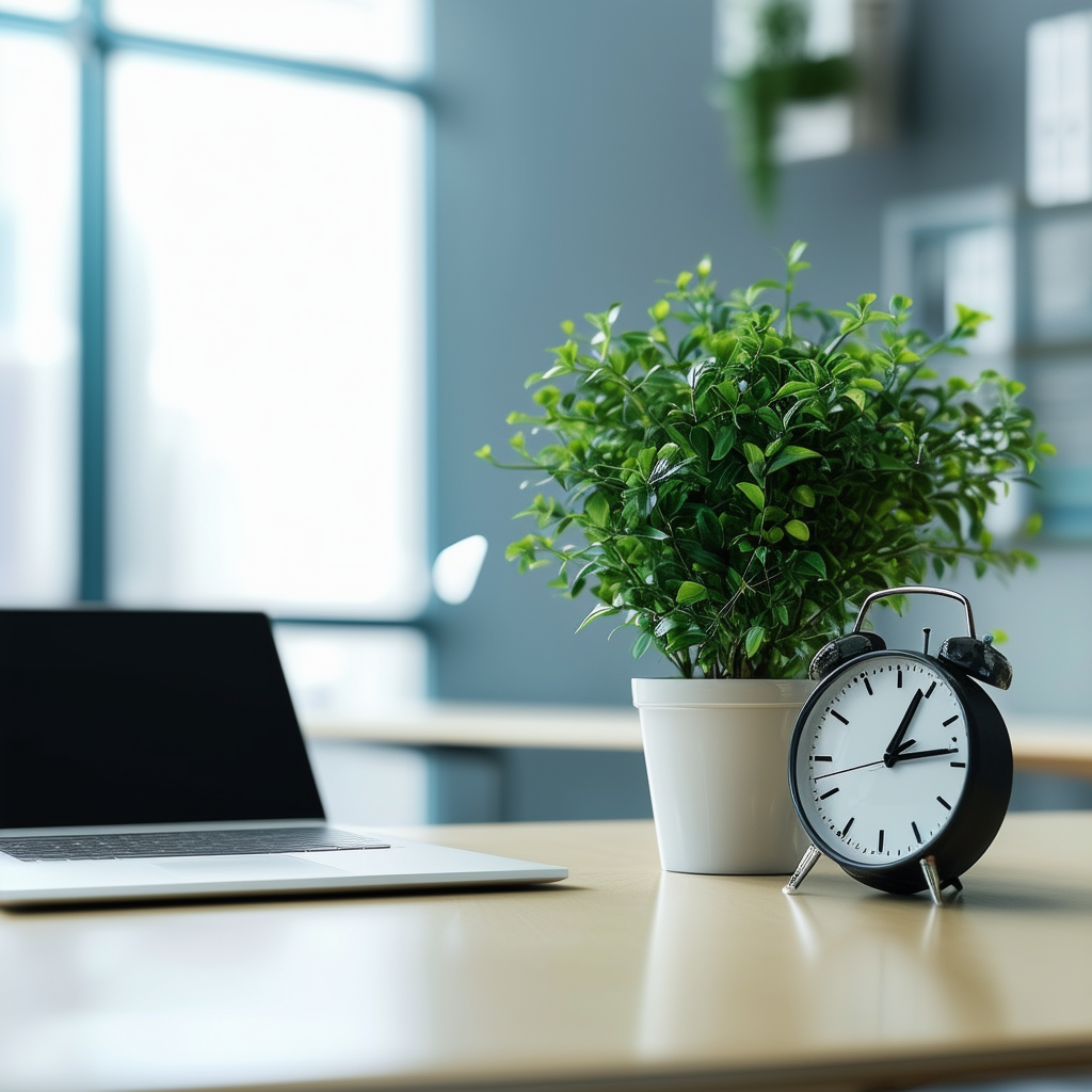 A serene office environment with a clear desk, a p