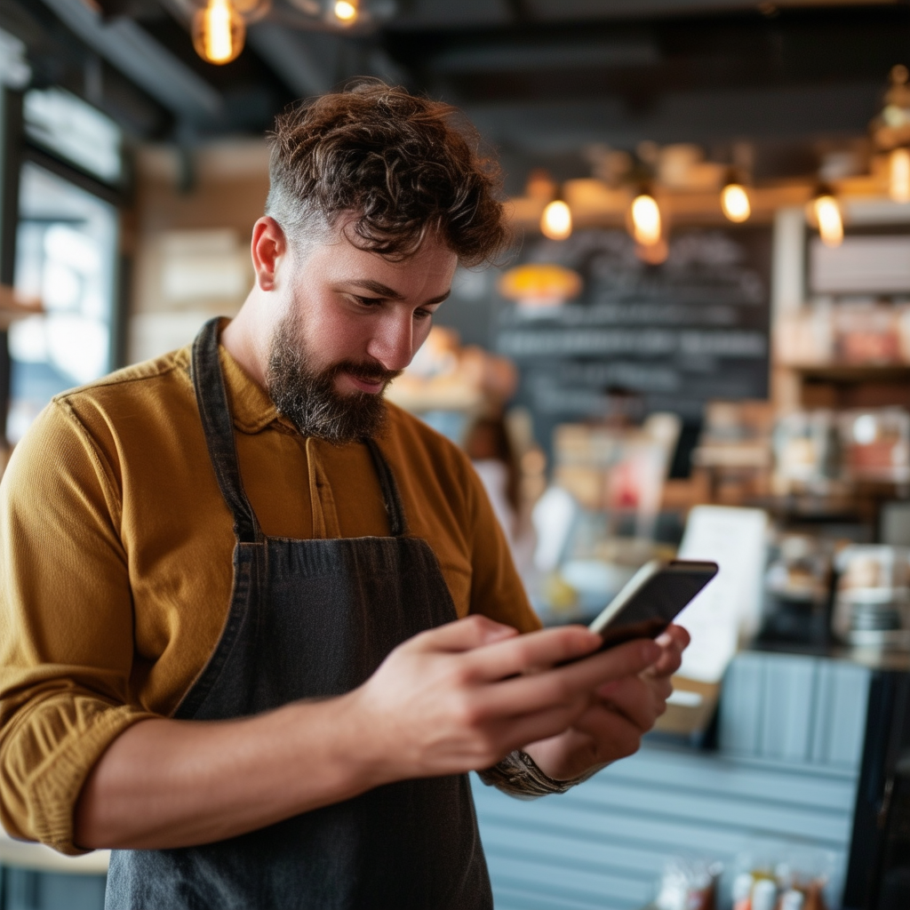 A small business owner using a smartphone to engag