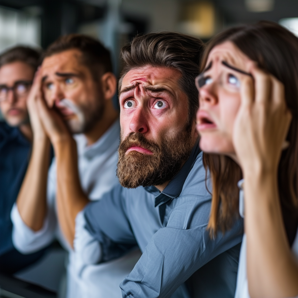 A team of employees looking stressed and unhappy, 