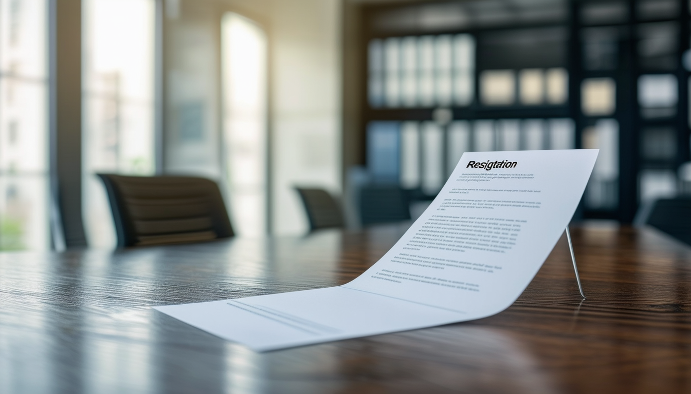 An image of an empty office desk with a resignatio