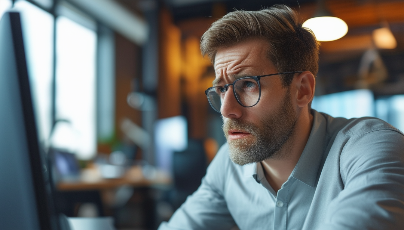 An office worker looking concerned while glancing 