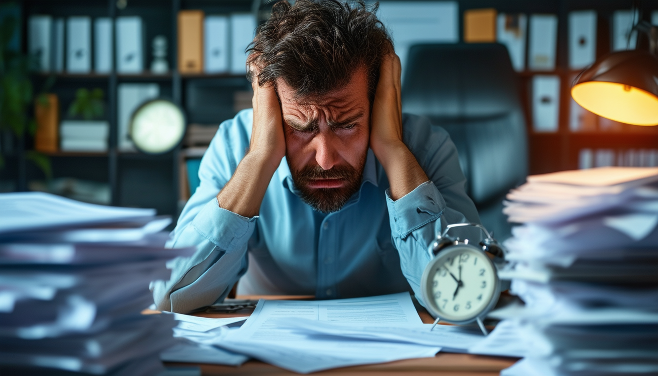 An overworked professional at a desk with a stress