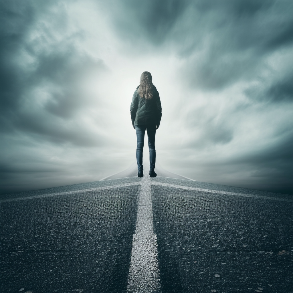 Image of a person standing at a crossroads, symbol